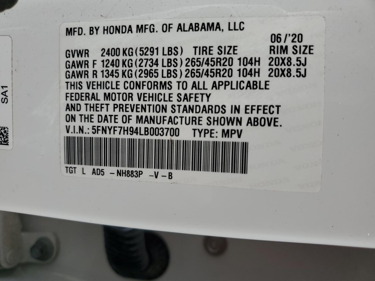 2020 Honda Passport VIN 5FNYF7H94LB003700 Copart auction photo, front end damage thumbnail 15