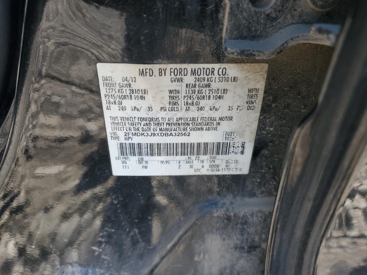 2013 Ford Edge VIN 2FMDK3J9XDBA32562 Copart auction photo, minor dent/scratches damage thumbnail 13