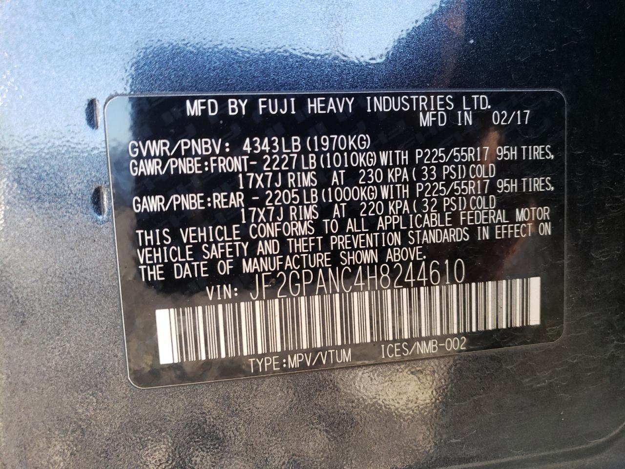 2017 Subaru XV VIN JF2GPANC4H8244610 Copart auction photo, front end damage thumbnail 14