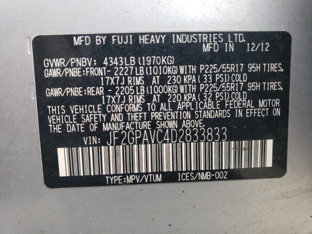 2013 Subaru XV VIN JF2GPAVC4D2833833 Copart auction photo, front end damage thumbnail 15