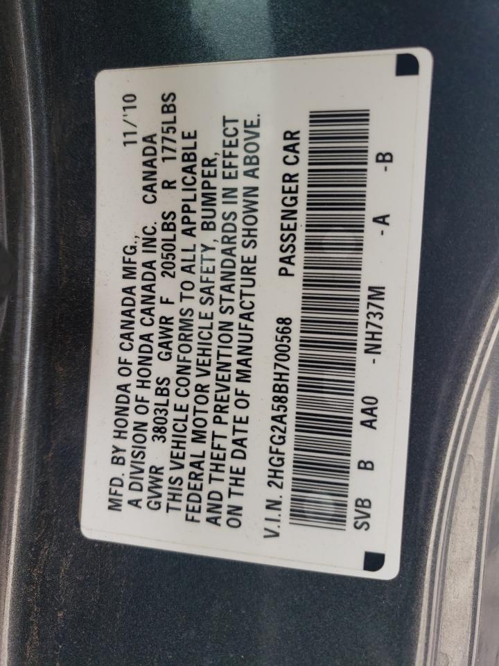 2011 Honda Civic VIN 2HGFG2A58BH700568 Copart auction photo, water/flood damage thumbnail 13