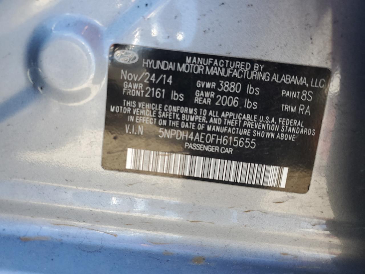2015 Hyundai Elantra VIN 5NPDH4AE0FH615655 Copart auction photo, side damage thumbnail 12