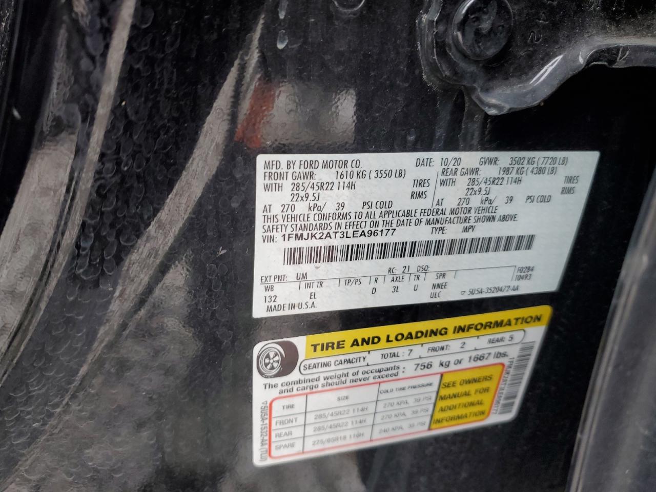 2020 Ford Expedition VIN 1FMJK2AT3LEA96177 Copart auction photo, rear end damage thumbnail 14