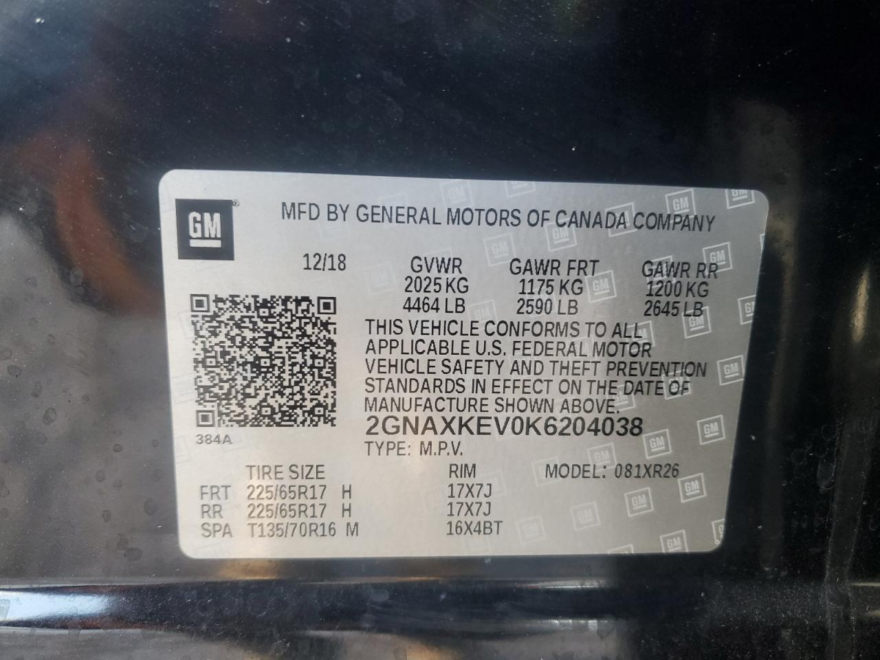 2019 Chevrolet Equinox VIN 2GNAXKEV0K6204038 Copart auction photo, front end / minor dent/scratches damage thumbnail 14