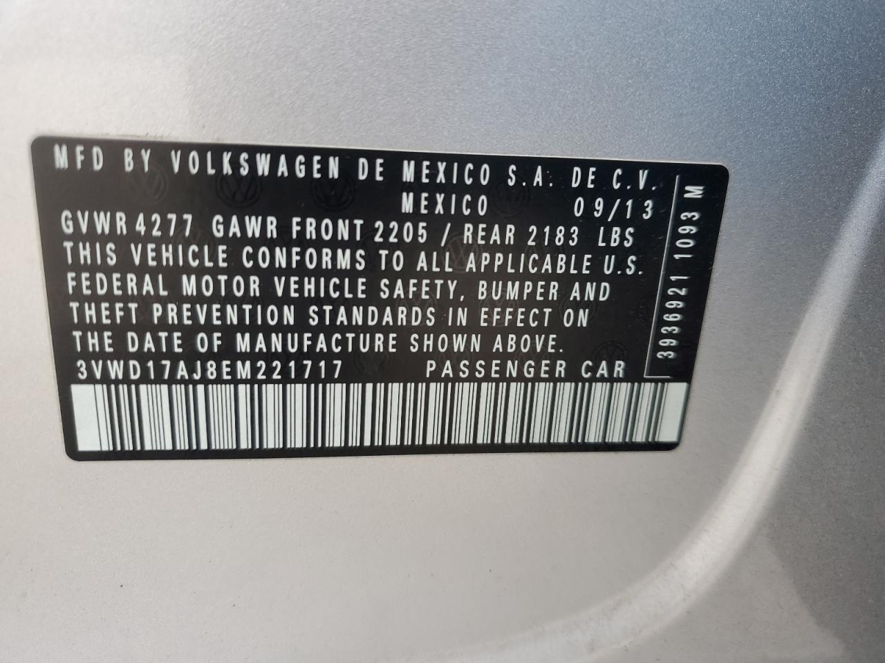 2014 Volkswagen Jetta VIN 3VWD17AJ8EM221717 Copart auction photo, front end damage thumbnail 14