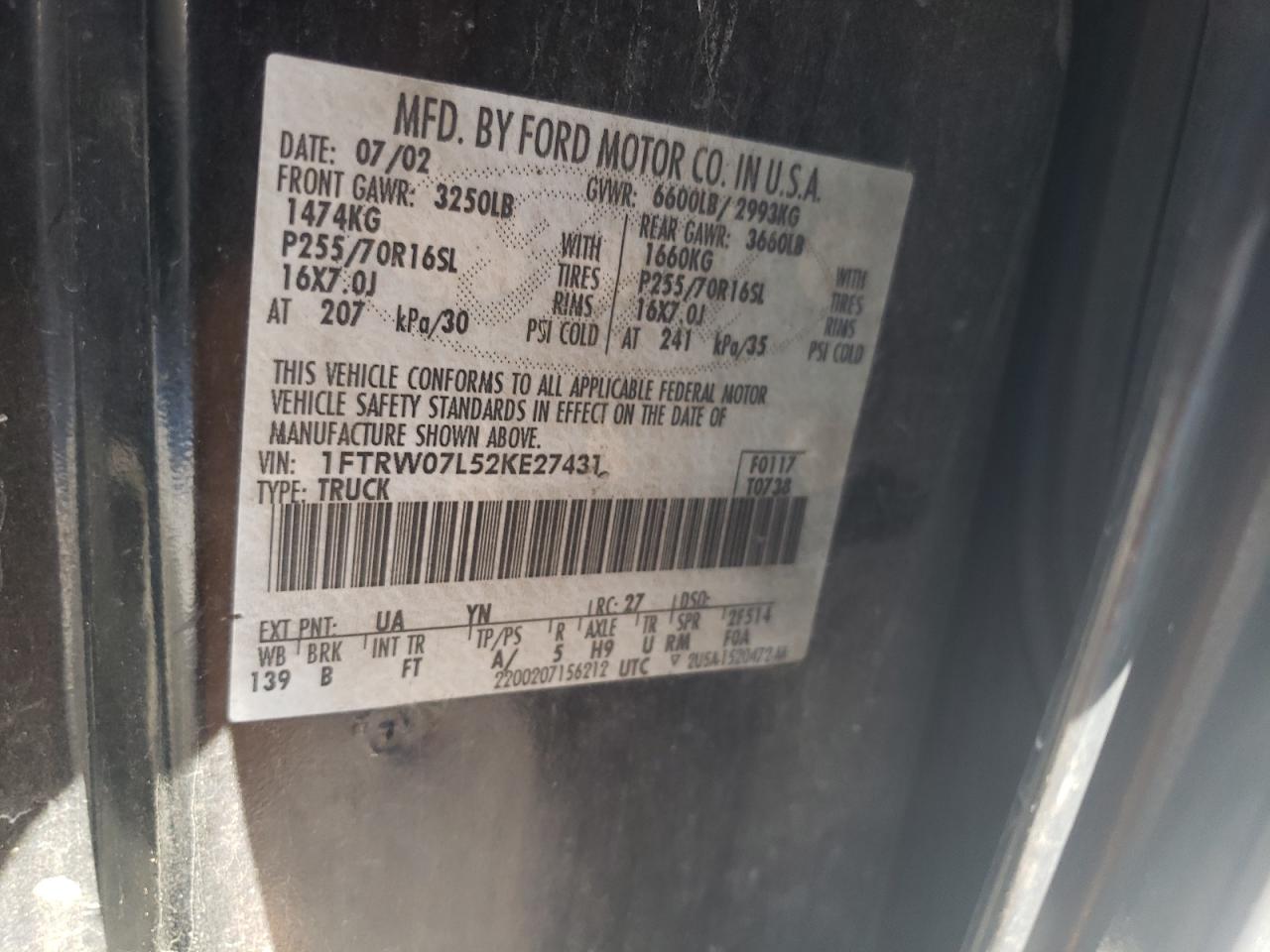 2002 Ford F-150 VIN 1FTRW07L52KE27431 Copart auction photo, all over damage thumbnail 12