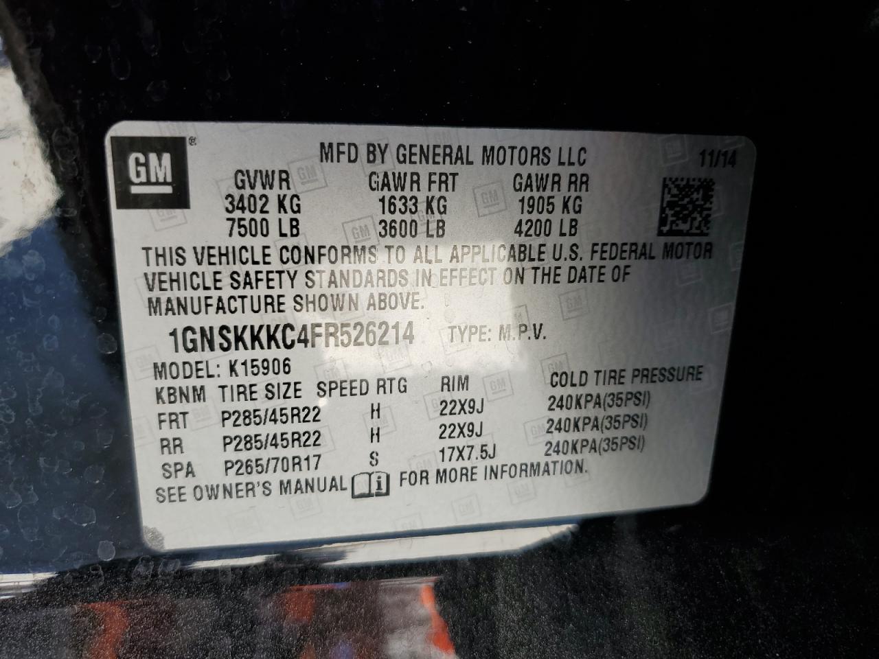 2015 Chevrolet Suburban VIN 1GNSKKKC4FR526214 Copart auction photo, rear end / front end damage thumbnail 13