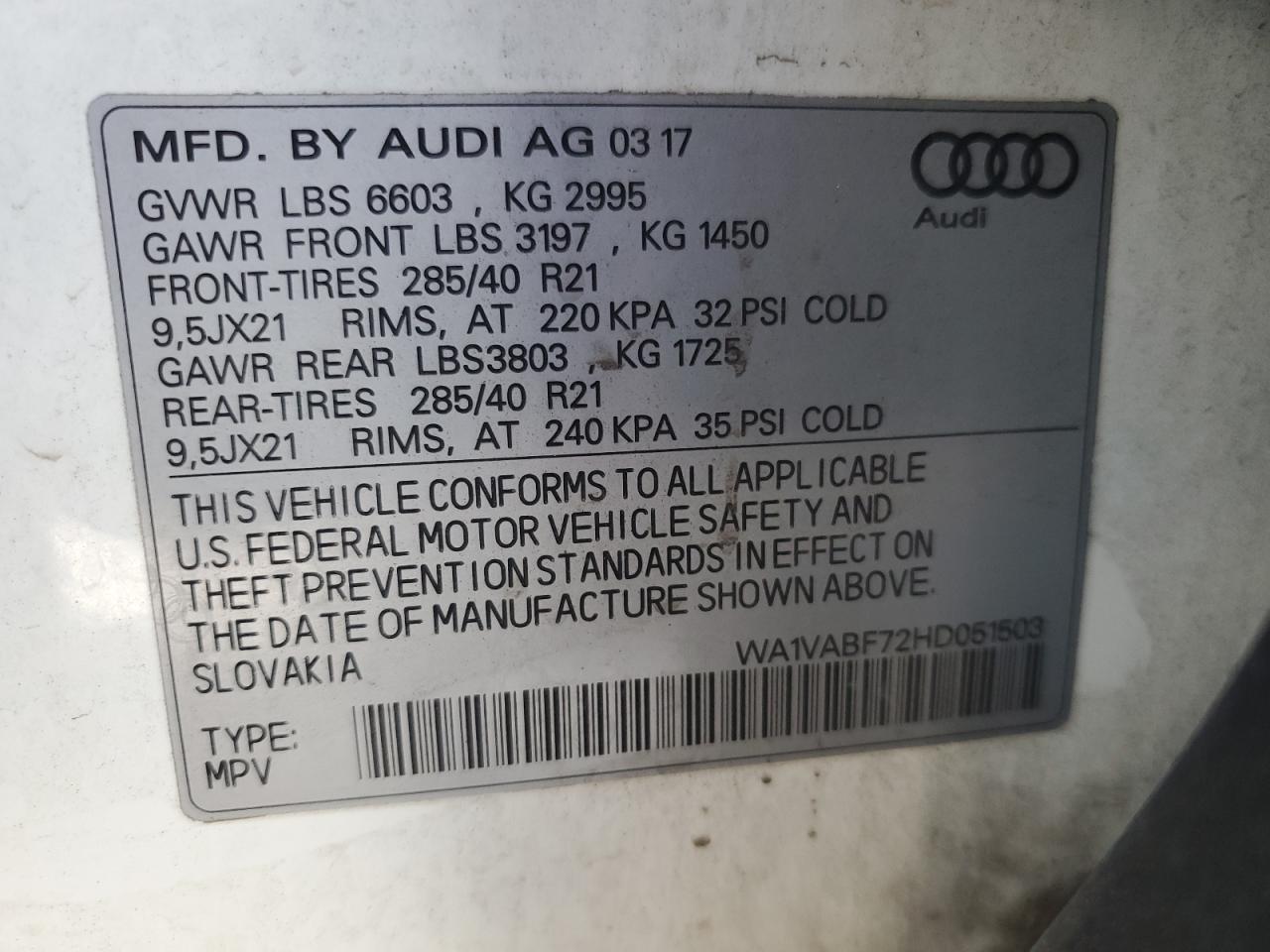 2017 Audi Q7 VIN WA1VABF72HD051503 Copart auction photo, front end damage thumbnail 14