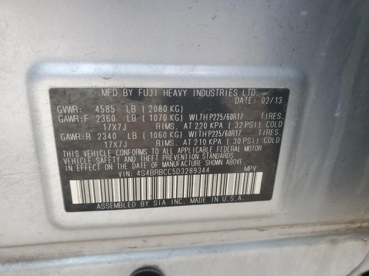 2013 Subaru Outback VIN 4S4BRBCC5D3289344 Copart auction photo, side damage thumbnail 13
