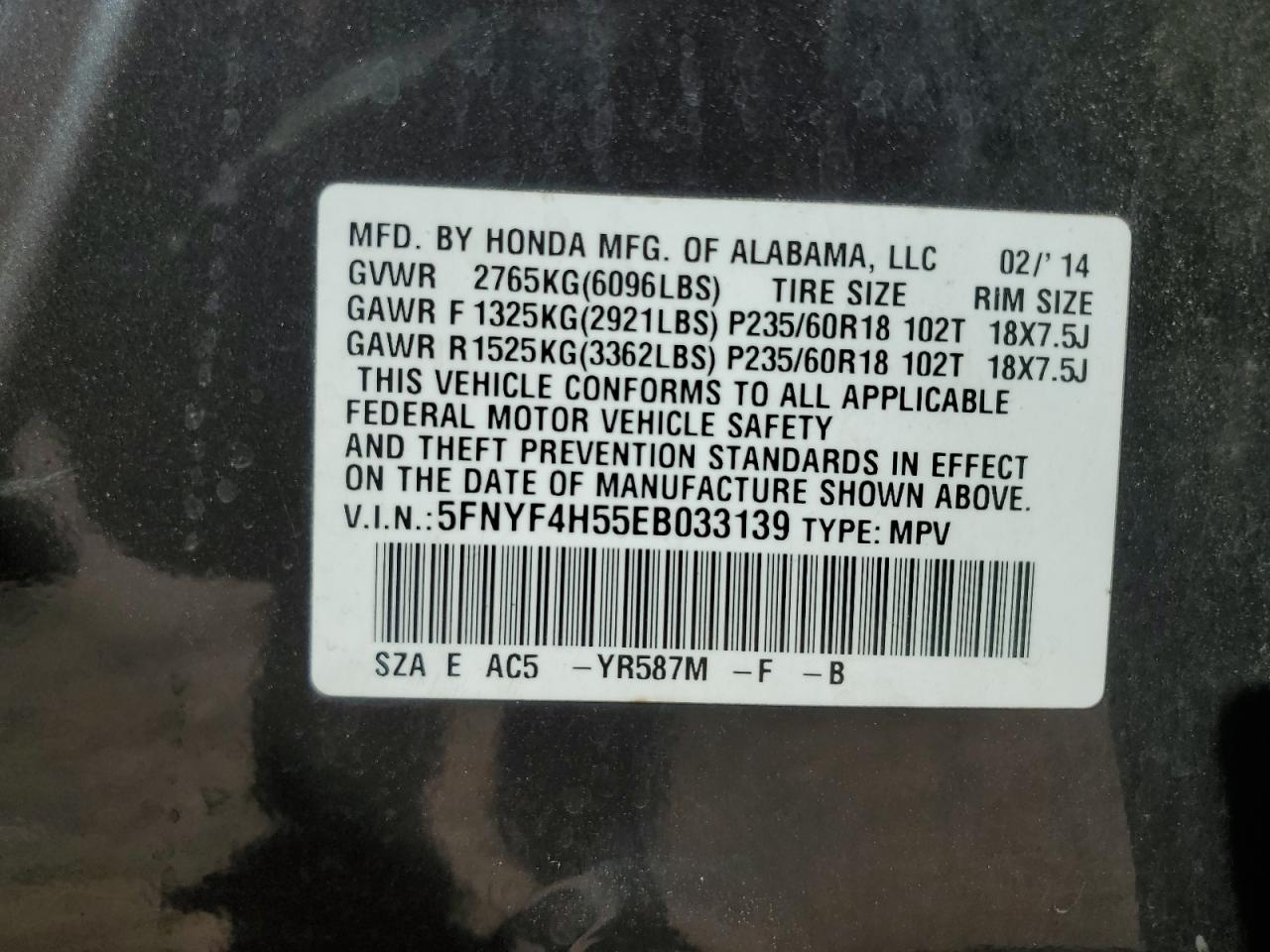 2014 Honda Pilot VIN 5FNYF4H55EB033139 Copart auction photo, rear end damage thumbnail 13