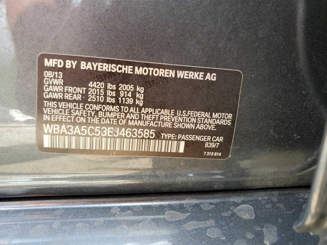 2014 BMW 3er VIN WBA3A5C53EJ463585 Copart auction photo, front end damage thumbnail 12