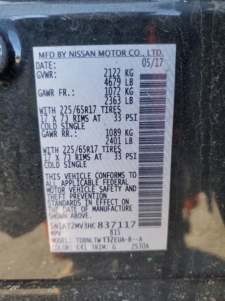 2017 Nissan Rogue VIN 5N1AT2MV3HC837117 Copart auction photo, front end / side damage thumbnail 13