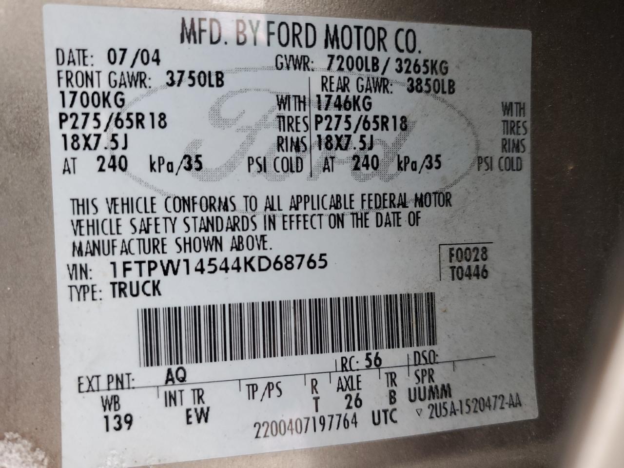 2004 Ford F-150 VIN 1FTPW14544KD68765 Copart auction photo, side damage thumbnail 15
