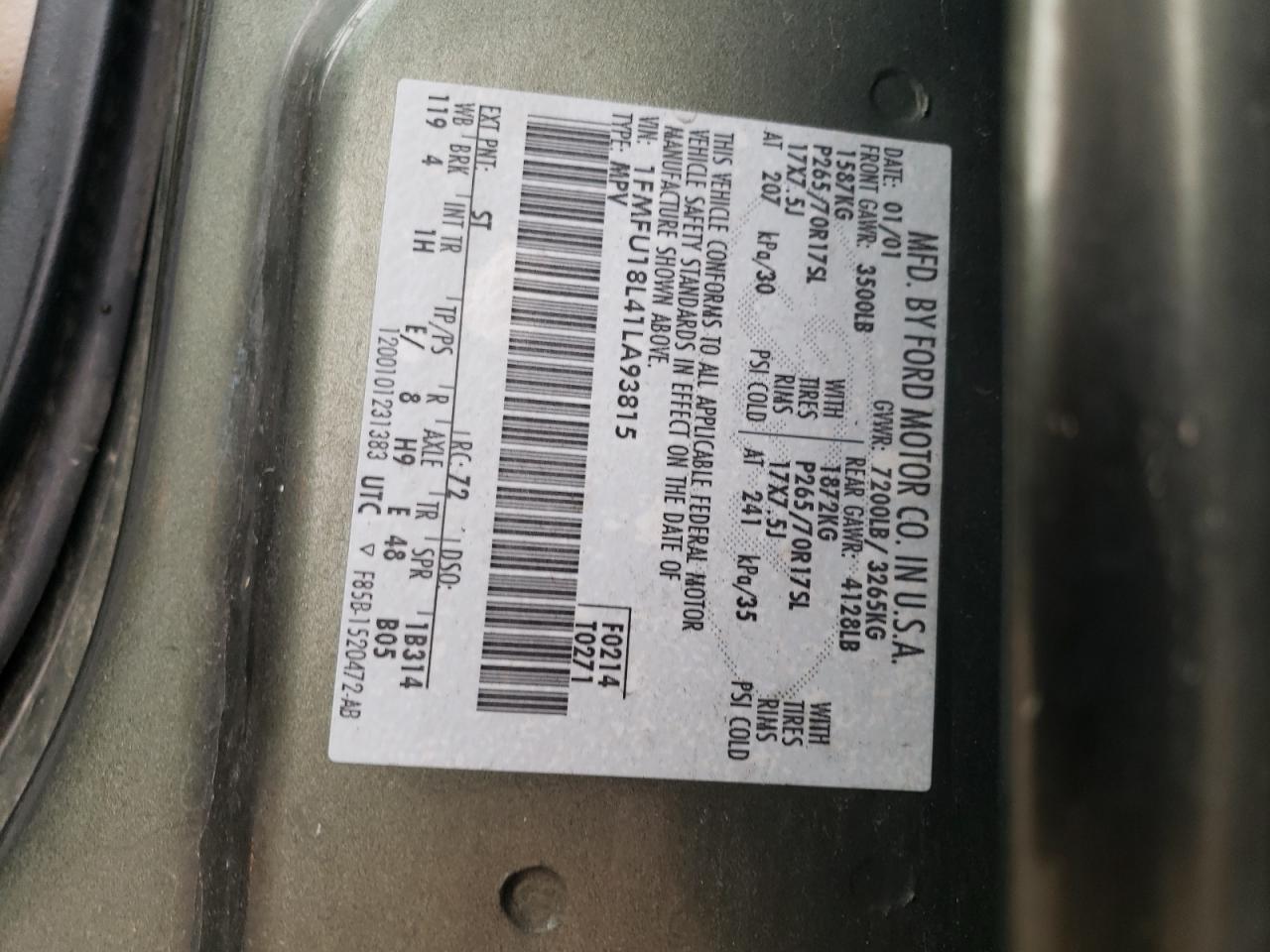 2001 Ford Expedition VIN 1FMFU18L41LA93815 Copart auction photo, rear end / frame damage damage thumbnail 15