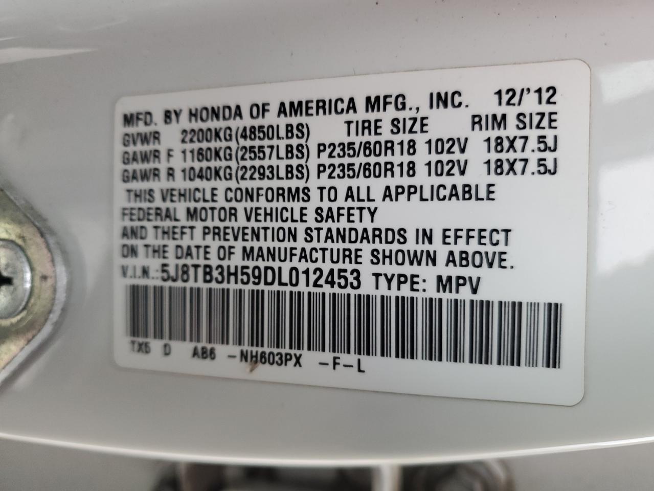 2013 Acura RDX VIN 5J8TB3H59DL012453 Copart auction photo, side damage thumbnail 13