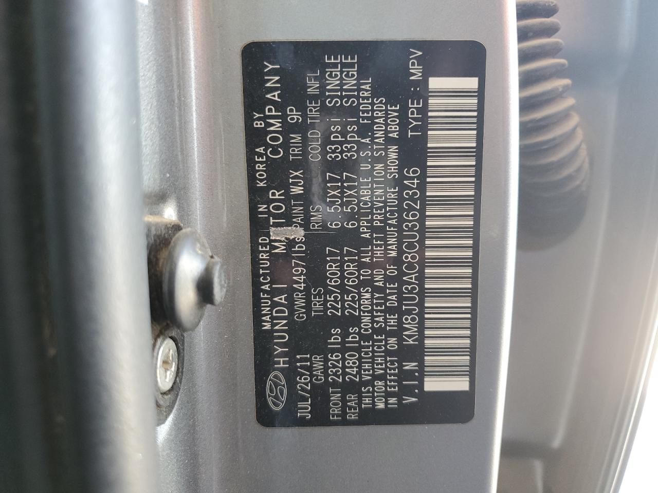 2012 Hyundai Tucson VIN KM8JU3AC8CU362346 Copart auction photo, front end damage thumbnail 12