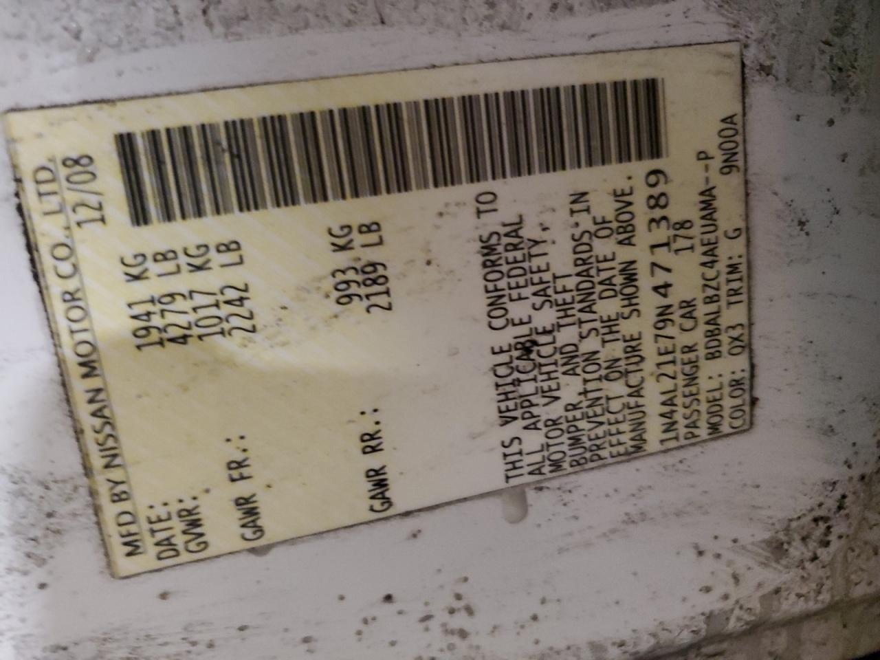 2009 Nissan Altima VIN 1N4AL21E79N471389 Copart auction photo, front end / side damage thumbnail 13