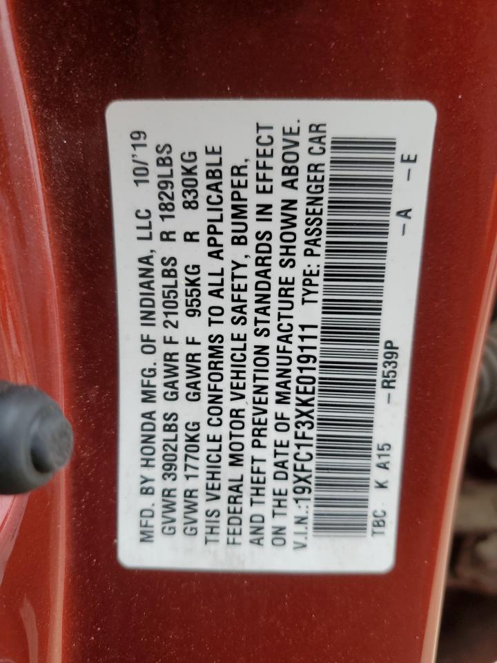 2019 Honda Civic VIN 19XFC1F3XKE019111 Copart auction photo, front end / minor dent/scratches damage thumbnail 12