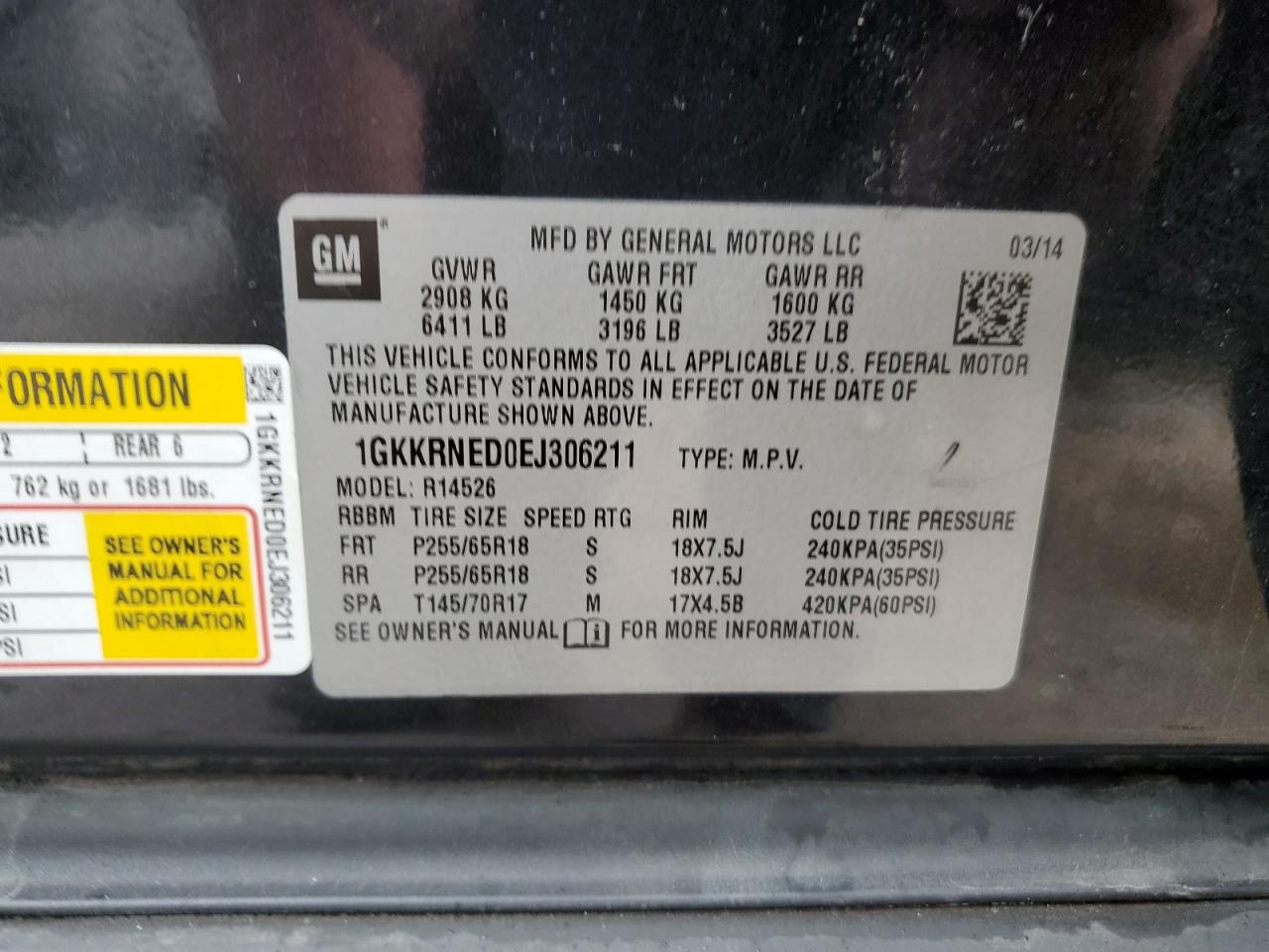 2014 GMC Acadia VIN 1GKKRNED0EJ306211 Copart auction photo, mechanical damage thumbnail 13