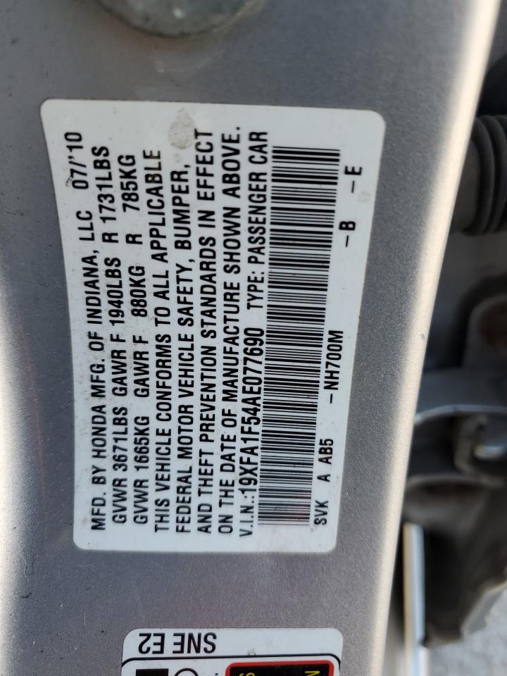 2010 Honda Civic VIN 19XFA1F54AE077690 Copart auction photo, front end / minor dent/scratches damage thumbnail 13