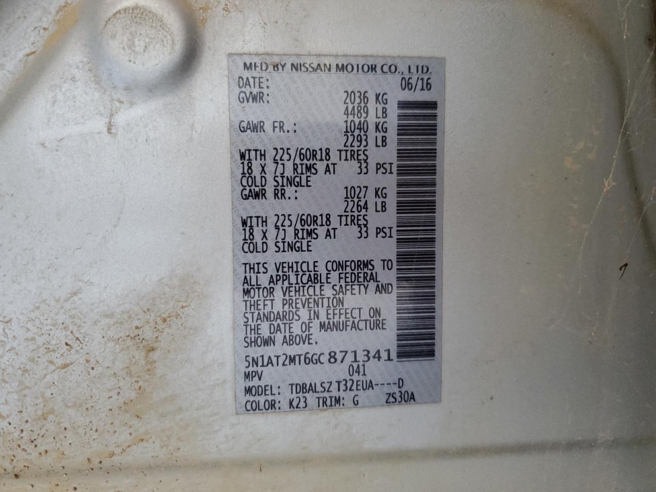 2016 Nissan Rogue VIN 5N1AT2MT6GC871341 Copart auction photo, front end / hail damage thumbnail 14