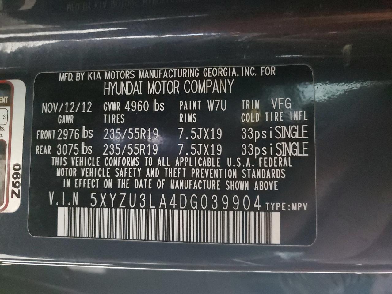 2013 Hyundai Santa Fe VIN 5XYZU3LA4DG039904 Copart auction photo, burn - interior damage thumbnail 13