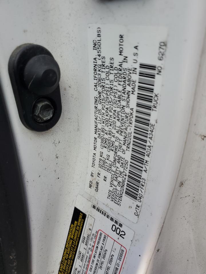2006 Toyota Tacoma VIN 5TENX22N86Z177250 Copart auction photo, water/flood damage thumbnail 13