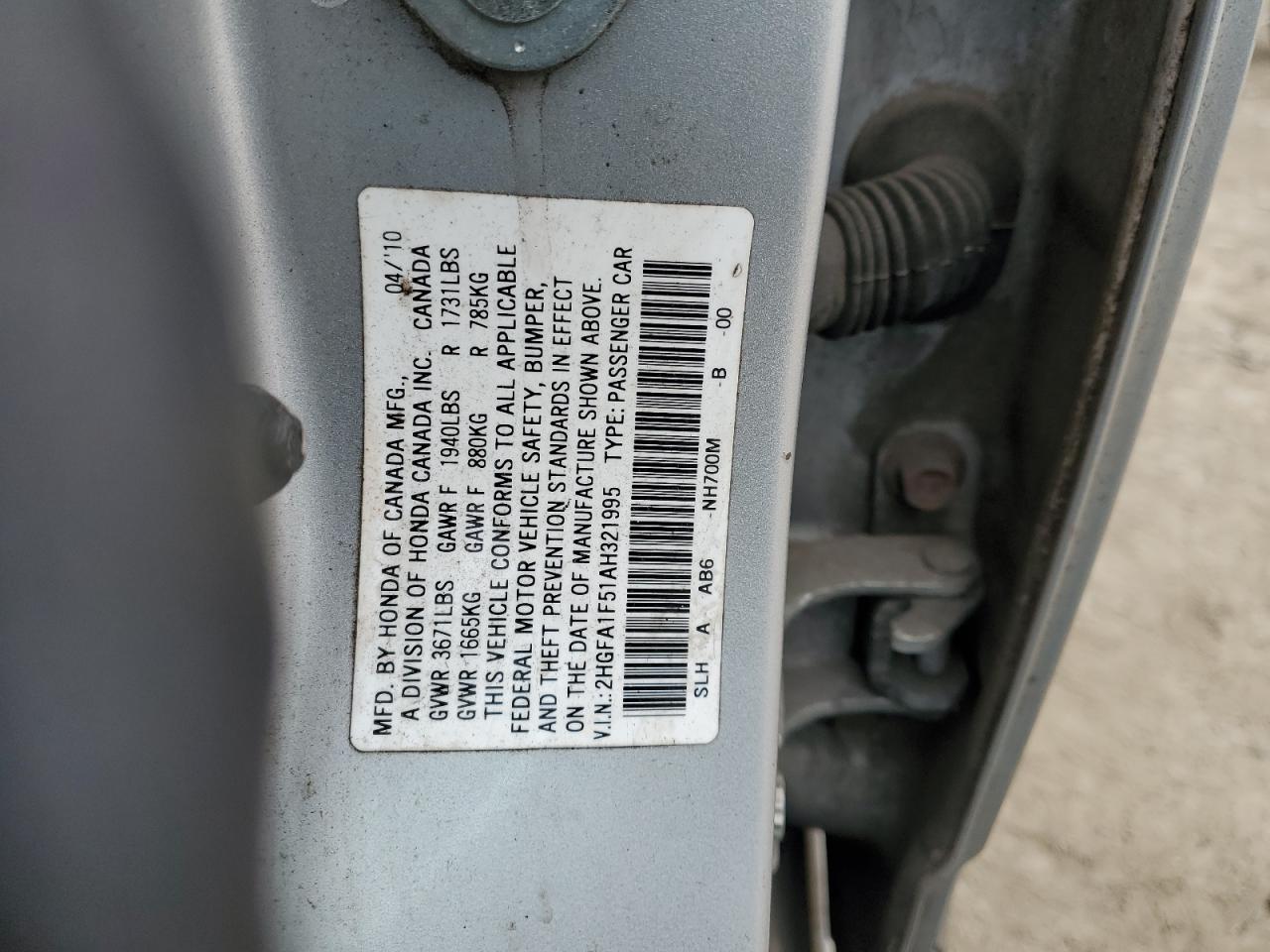 2010 Honda Civic VIN 2HGFA1F51AH321995 Copart auction photo, front end / mechanical damage thumbnail 12