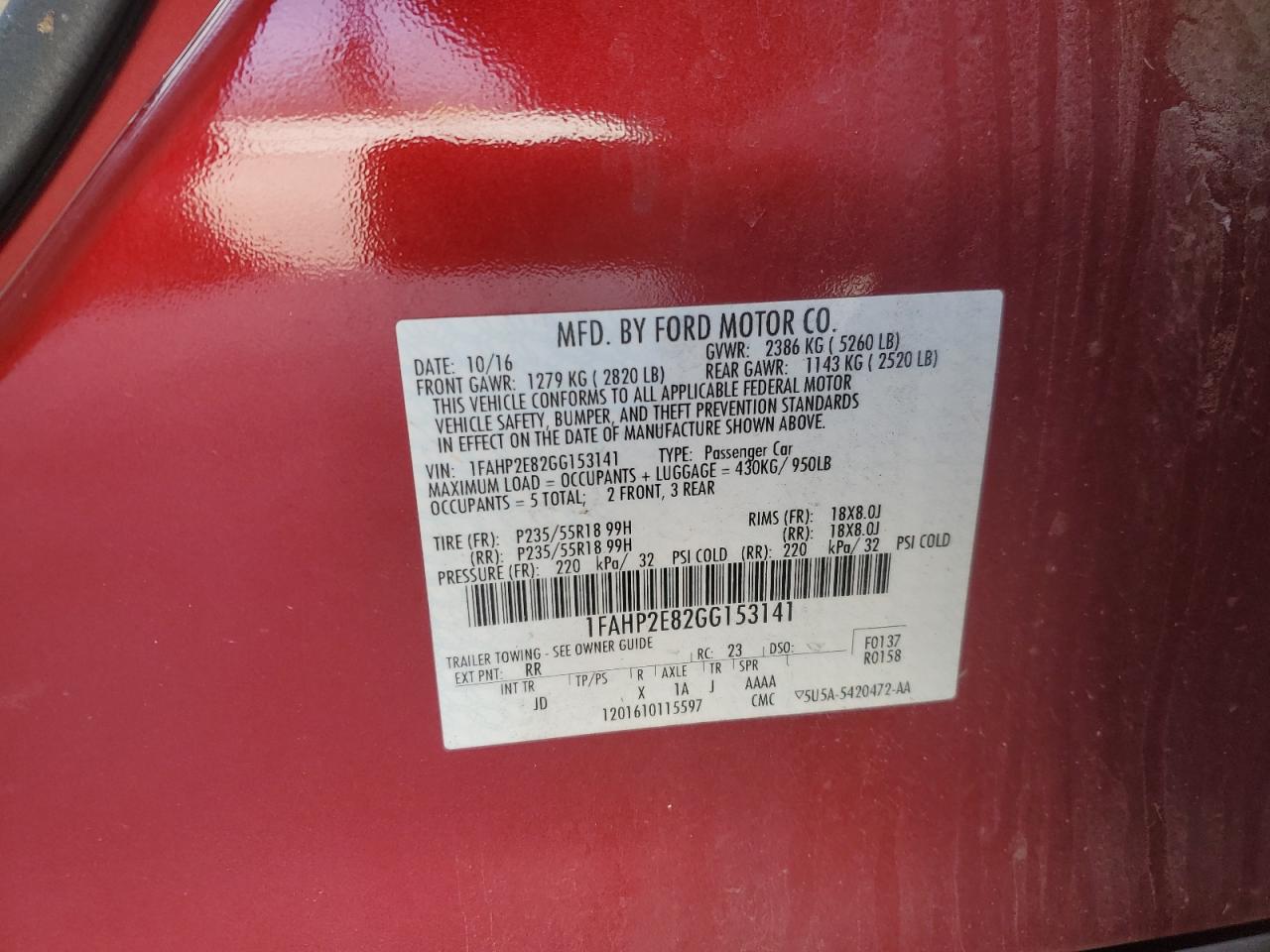 2016 Ford Taurus VIN 1FAHP2E82GG153141 Copart auction photo, front end / side damage thumbnail 12