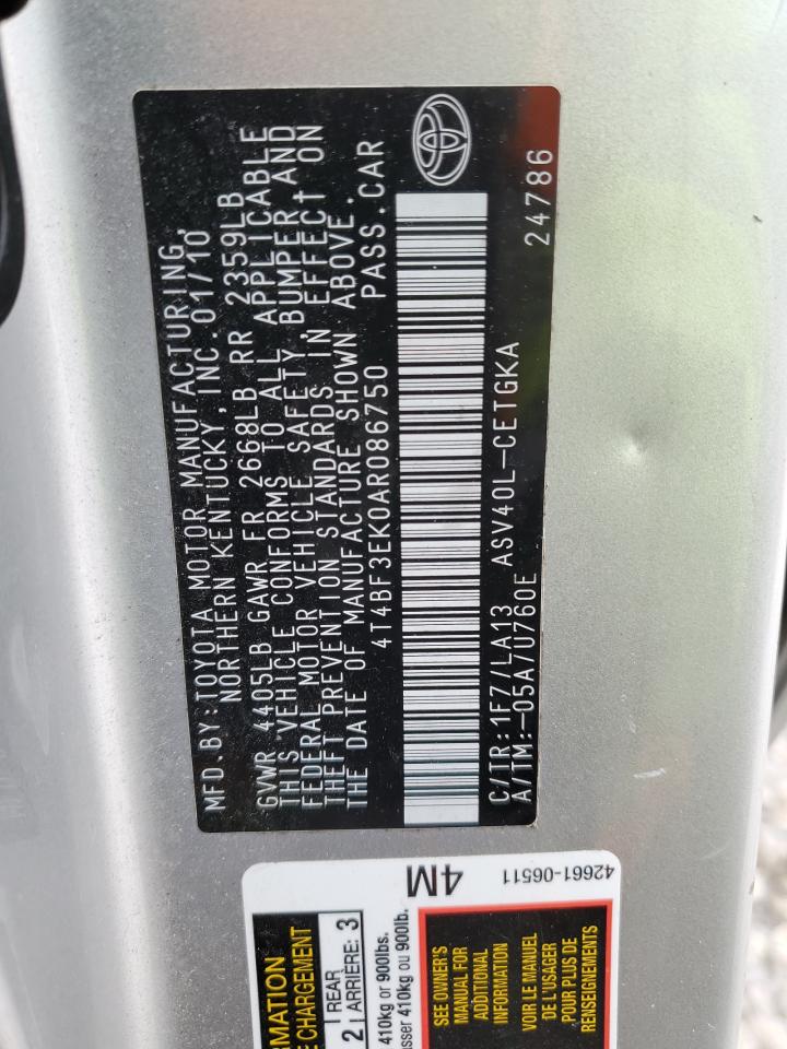 2010 Toyota Camry VIN 4T4BF3EK0AR086750 Copart auction photo, front end damage thumbnail 12