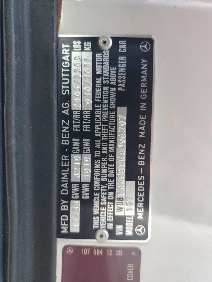 1989 Mercedes-Benz SL-klasse VIN WDBBA48DXKA096297 Copart auction photo, water/flood damage thumbnail 13