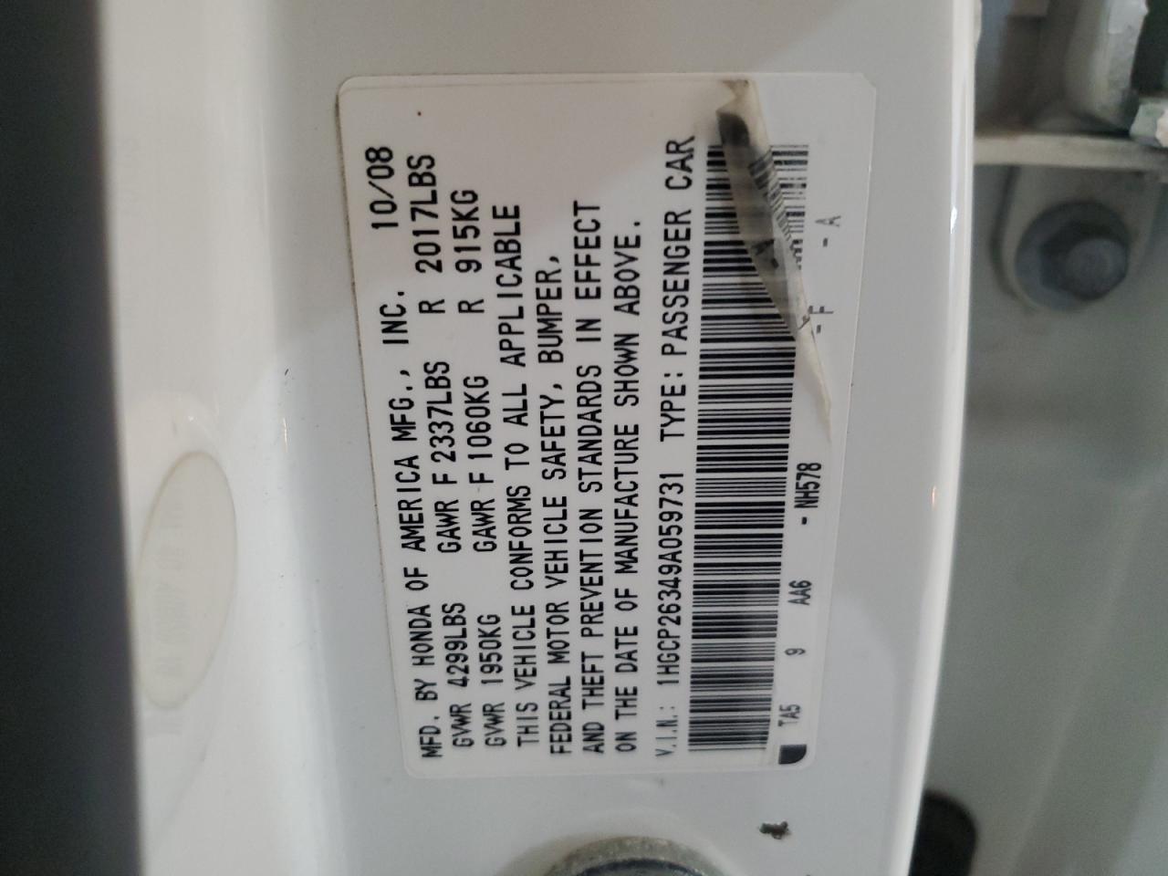 2009 Honda Accord VIN 1HGCP26349A059731 Copart auction photo, all over damage thumbnail 12