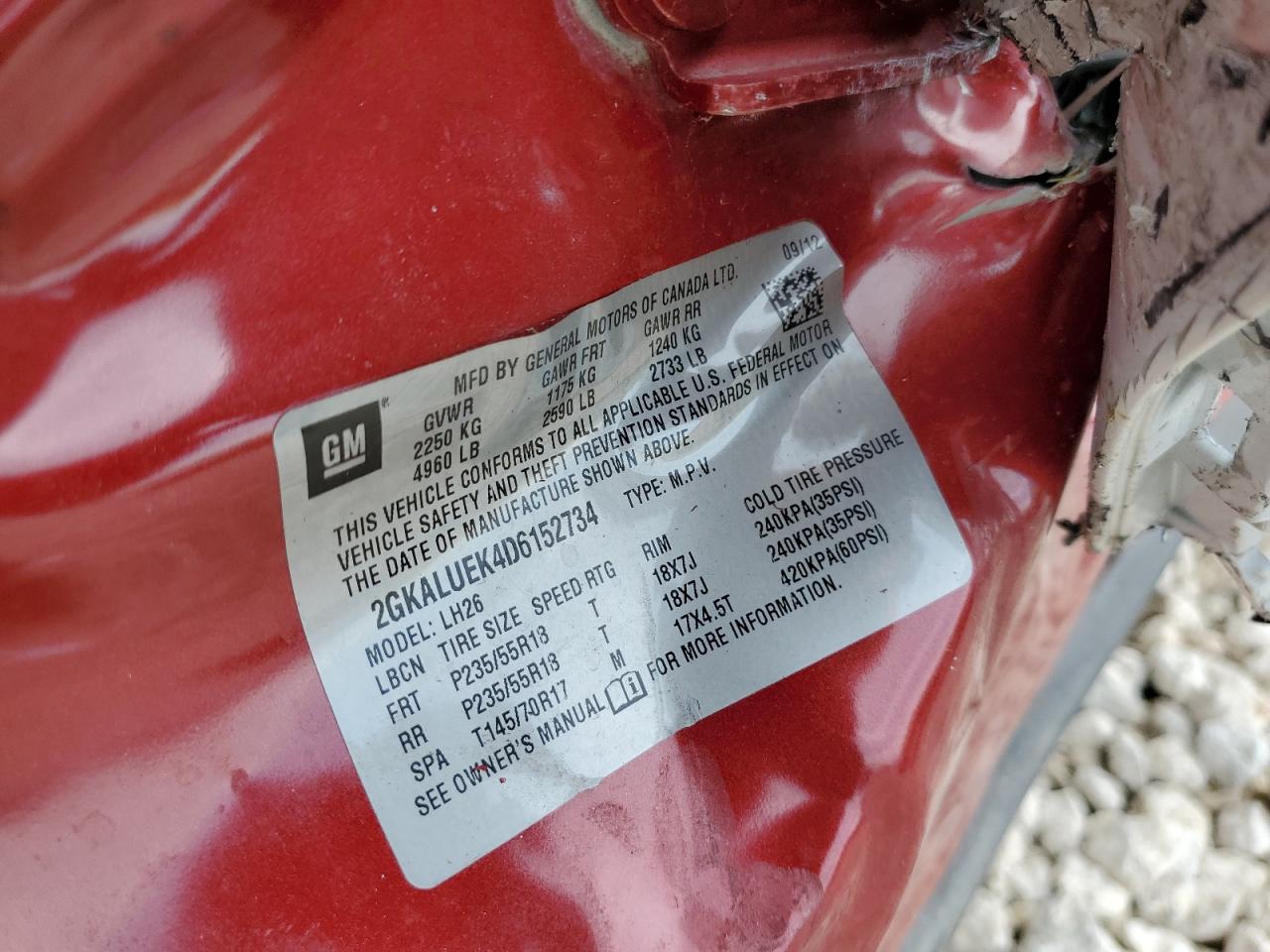 2013 GMC Terrain VIN 2GKALUEK4D6152734 Copart auction photo, side damage thumbnail 16