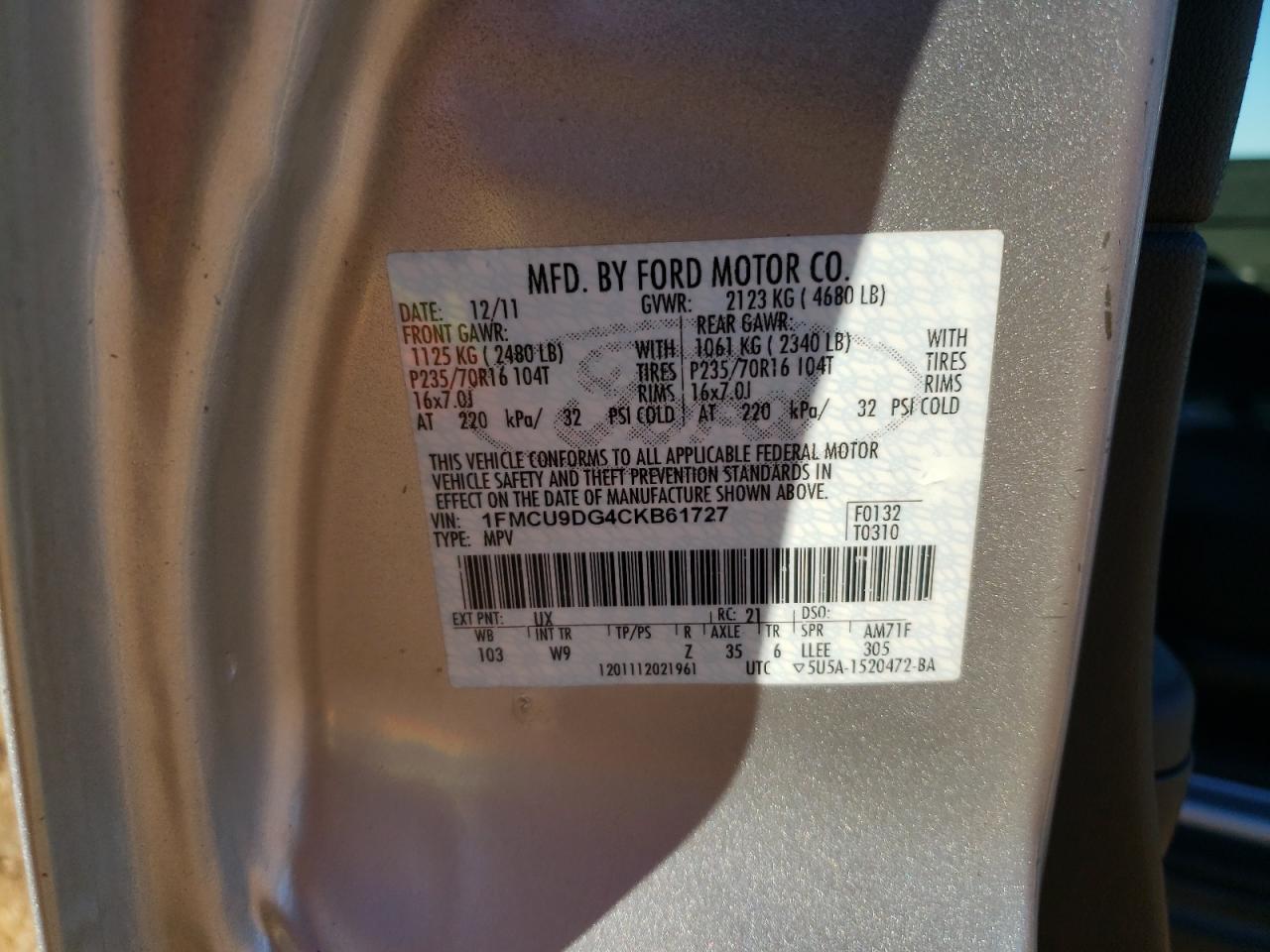 2012 Ford Escape VIN 1FMCU9DG4CKB61727 Copart auction photo, side / rear end damage thumbnail 13