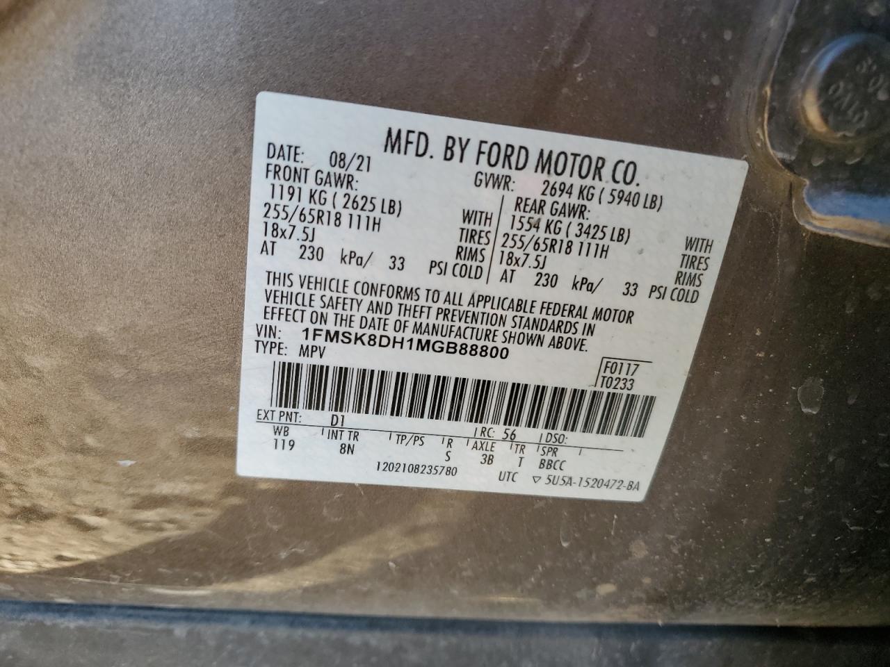 2021 Ford Explorer VIN 1FMSK8DH1MGB88800 Copart auction photo, side / rear end damage thumbnail 15