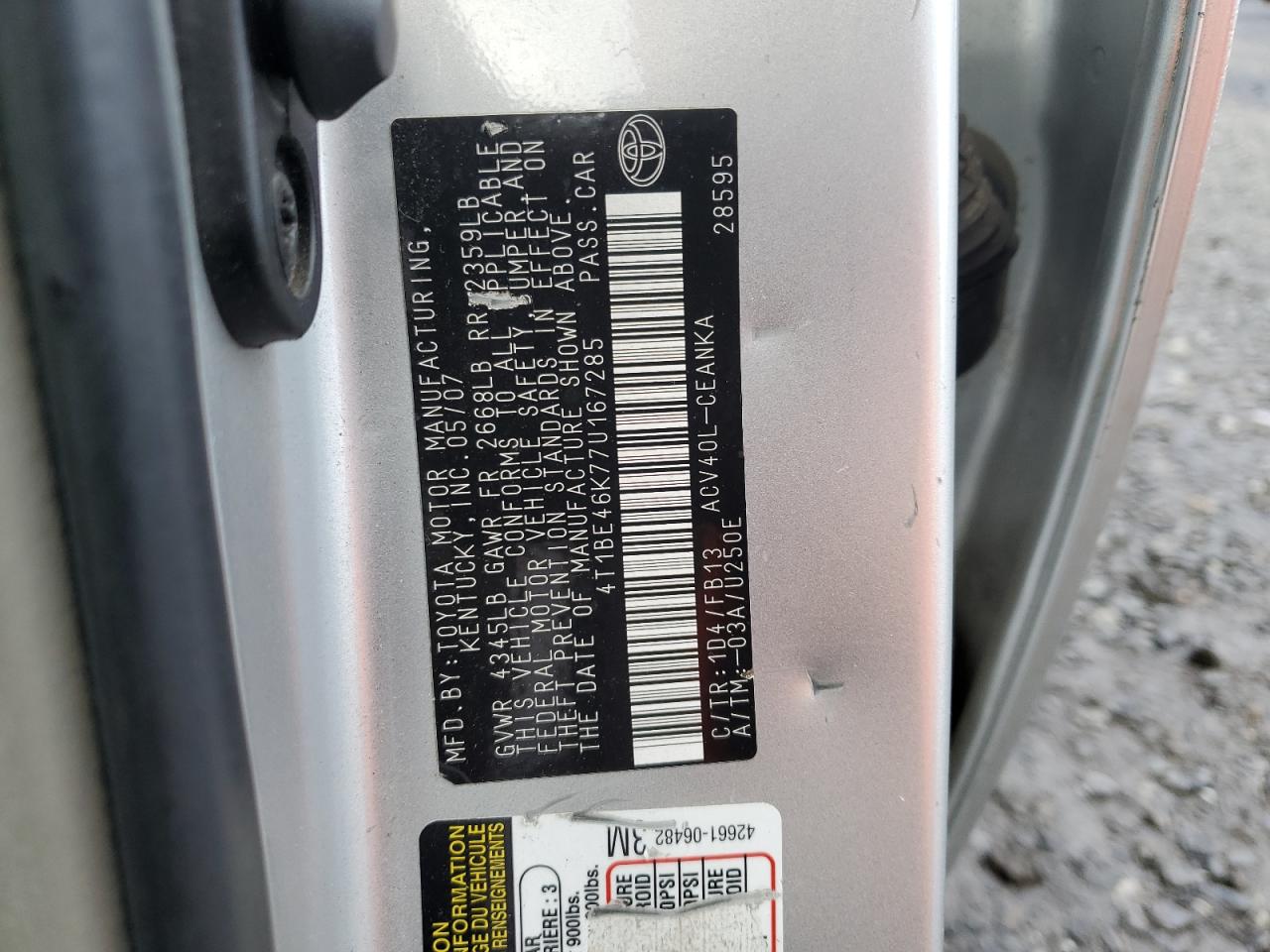 2007 Toyota Camry VIN 4T1BE46K77U167285 Copart auction photo, front end damage thumbnail 12