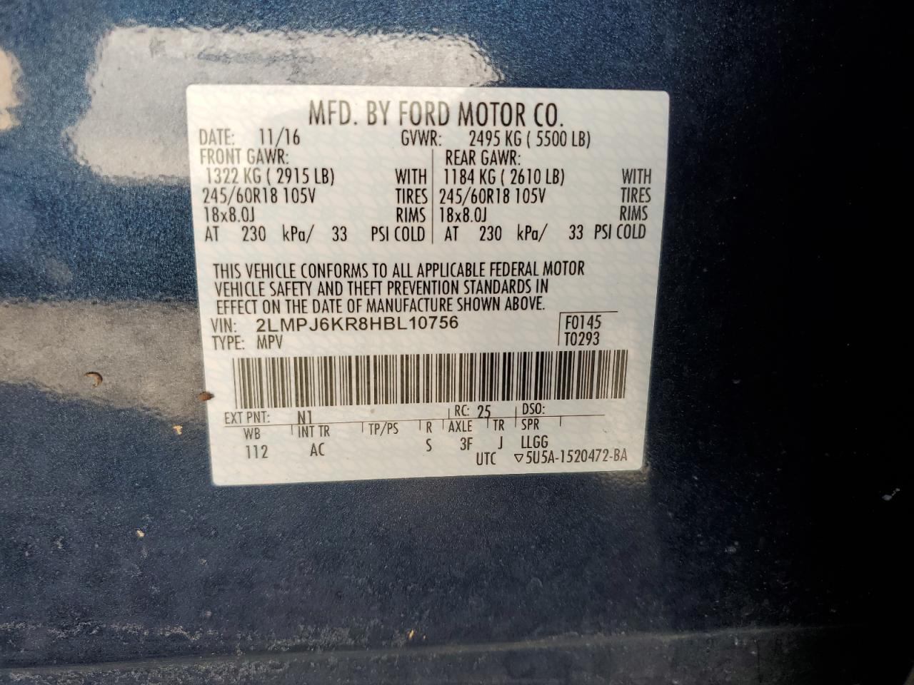 2017 Lincoln MKX VIN 2LMPJ6KR8HBL10756 Copart auction photo, water/flood / rear end damage thumbnail 14