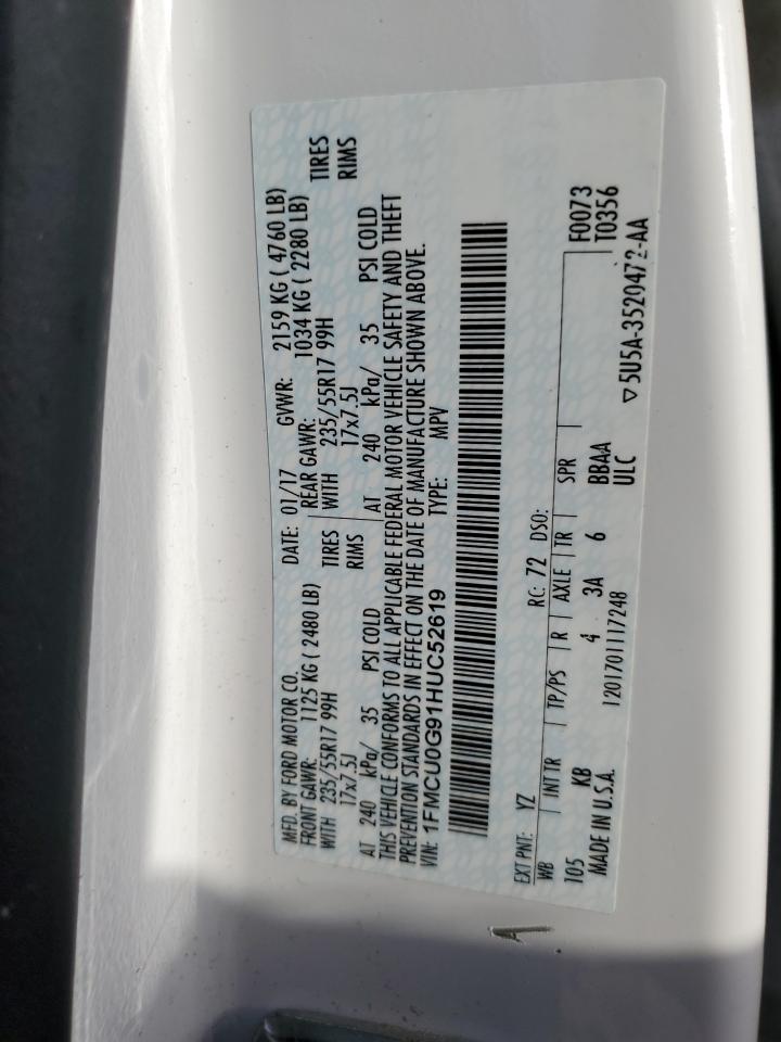 2017 Ford Escape VIN 1FMCU0G91HUC52619 Copart auction photo, rear end / minor dent/scratches damage thumbnail 13