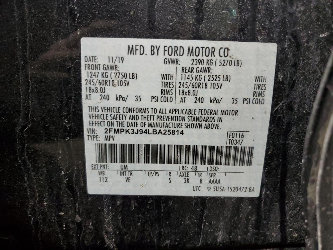 2020 Ford Edge VIN 2FMPK3J94LBA25814 Copart auction photo, front end / mechanical damage thumbnail 14