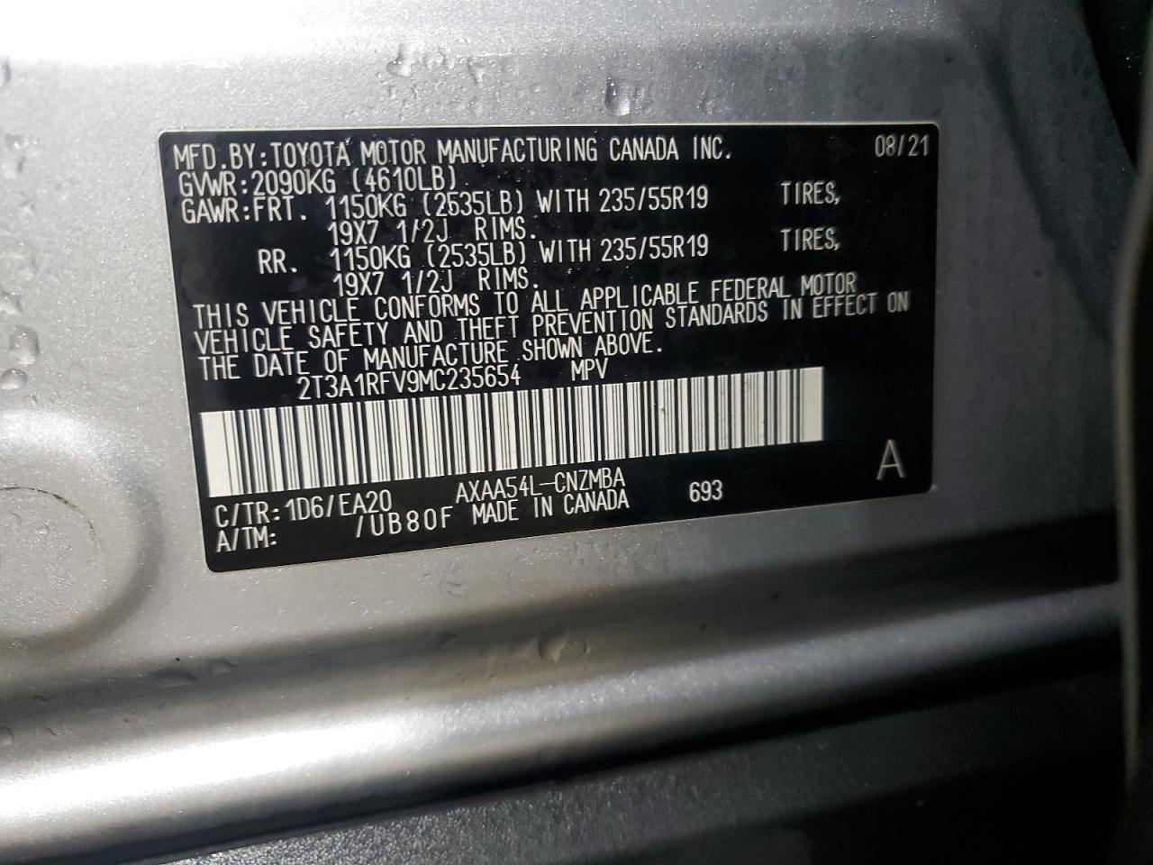 2021 Toyota RAV 4 VIN 2T3A1RFV9MC235654 Copart auction photo, front end damage thumbnail 15