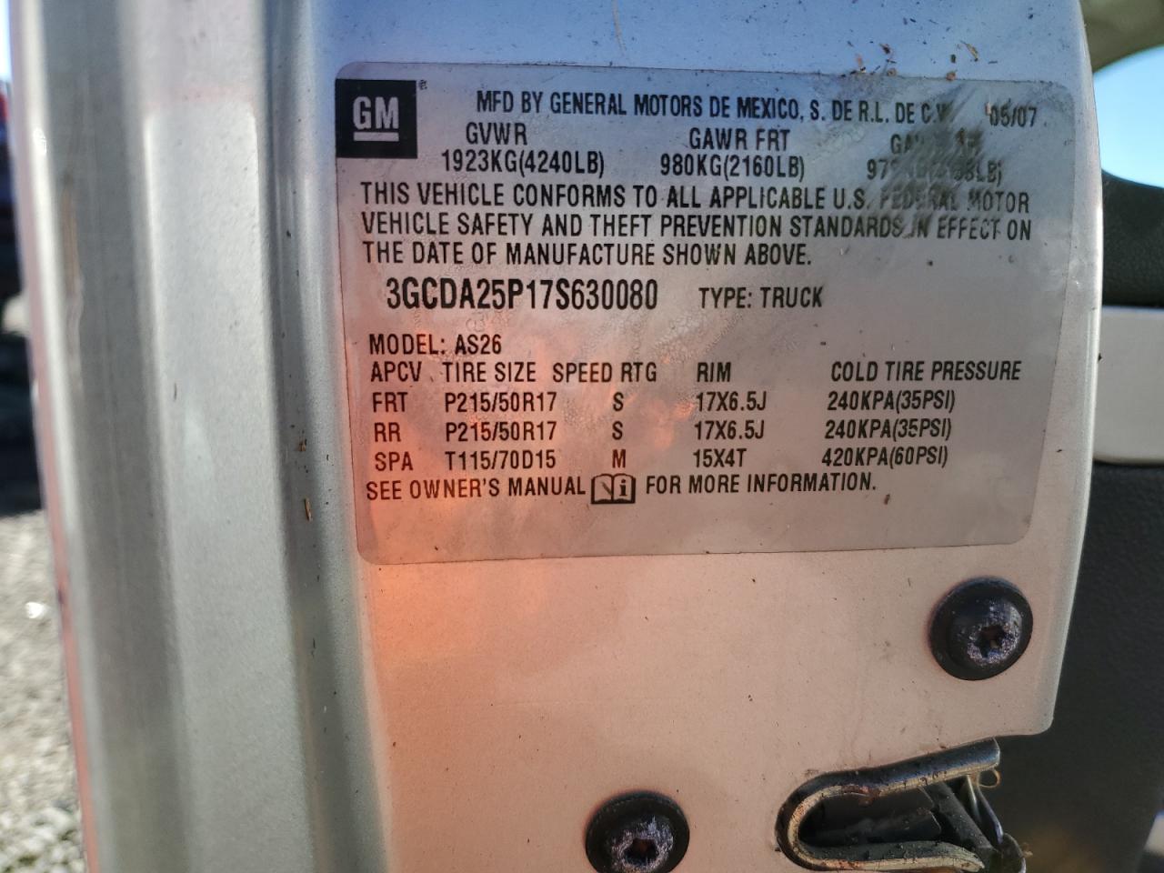 2007 Chevrolet HHR VIN 3GCDA25P17S630080 Copart auction photo, water/flood damage thumbnail 13