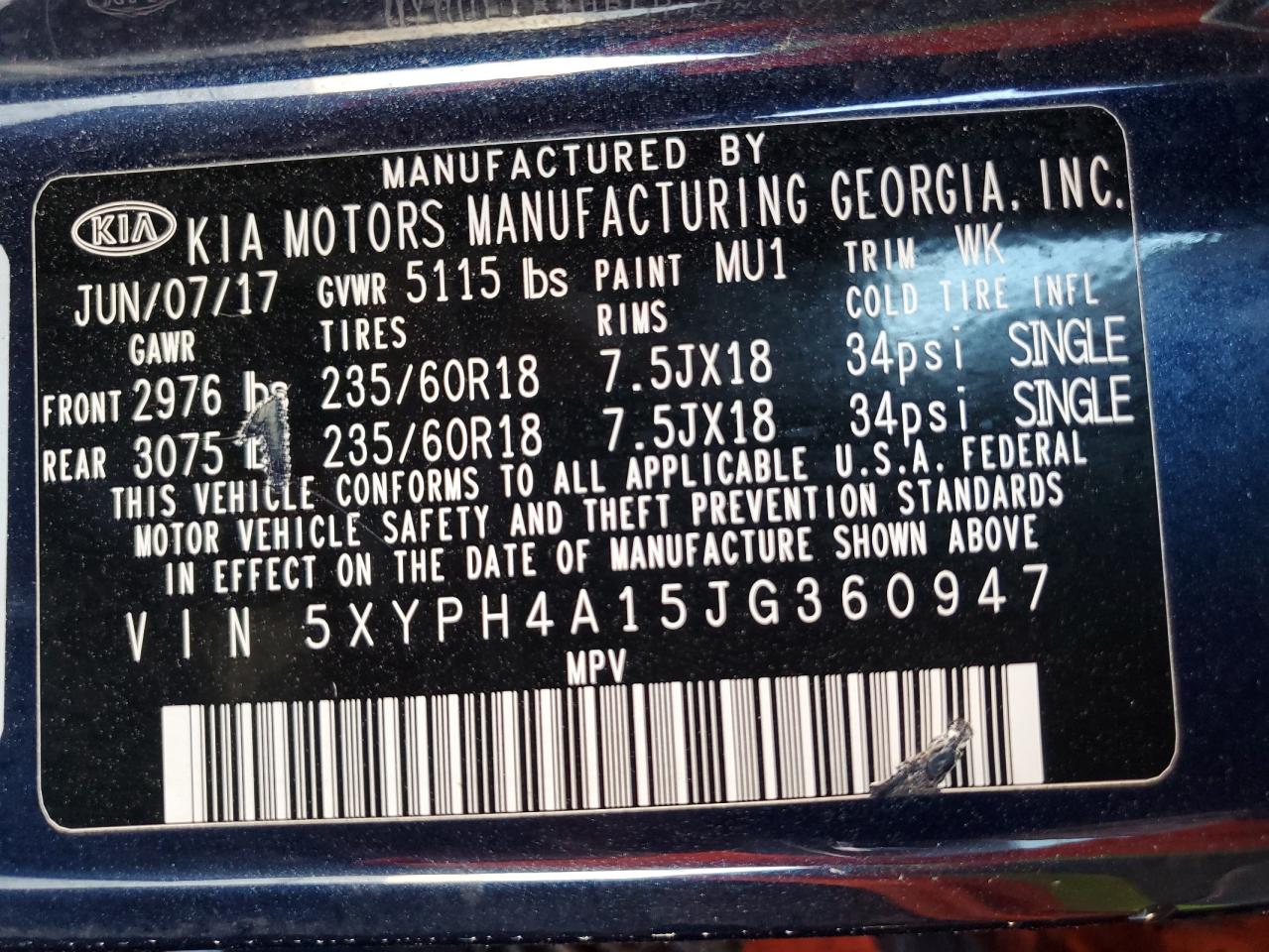 2018 KIA Sorento VIN 5XYPH4A15JG360947 Copart auction photo, side / front end damage thumbnail 13