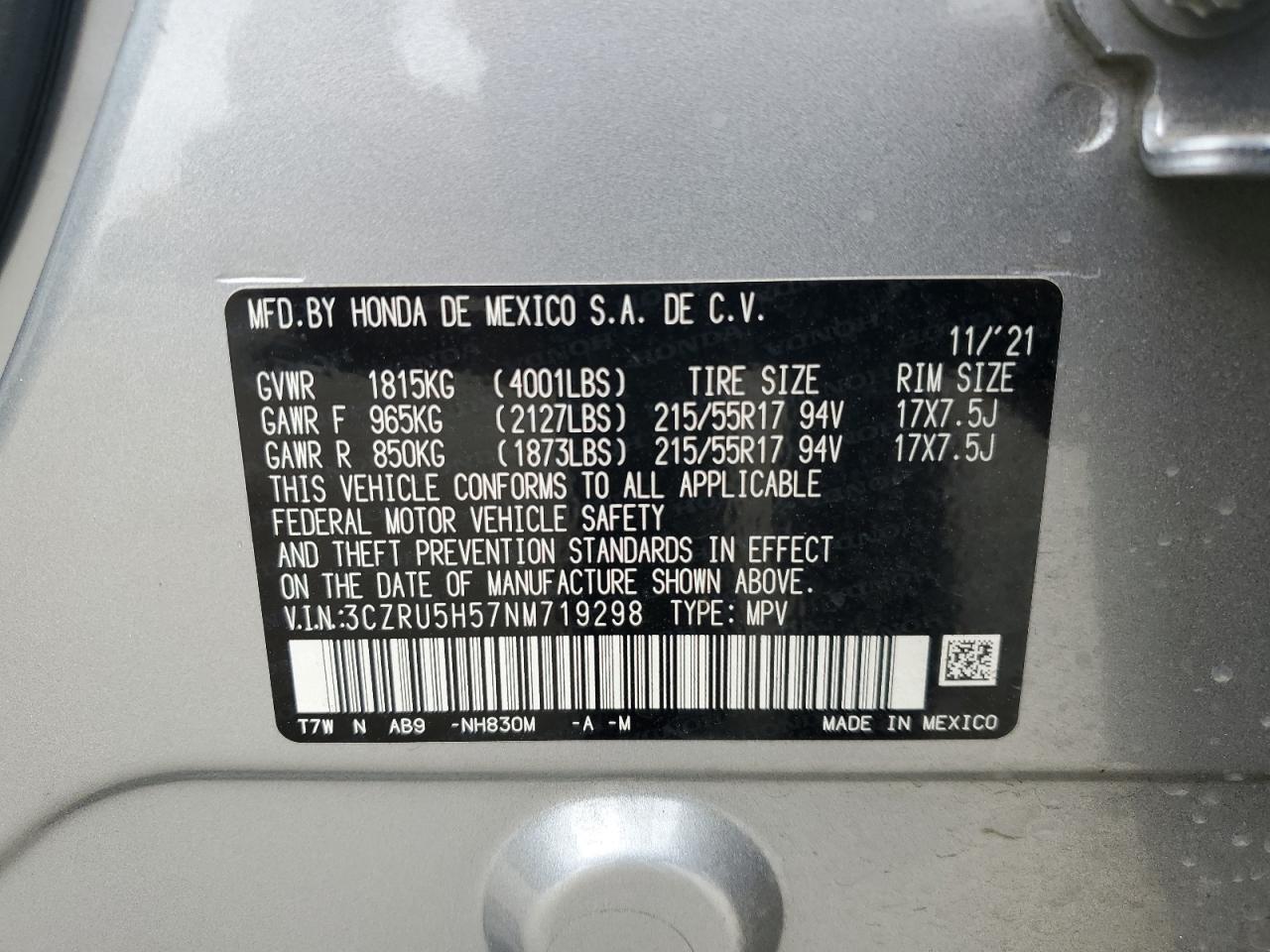 2022 Honda HR-V VIN 3CZRU5H57NM719298 Copart auction photo, front end damage thumbnail 15