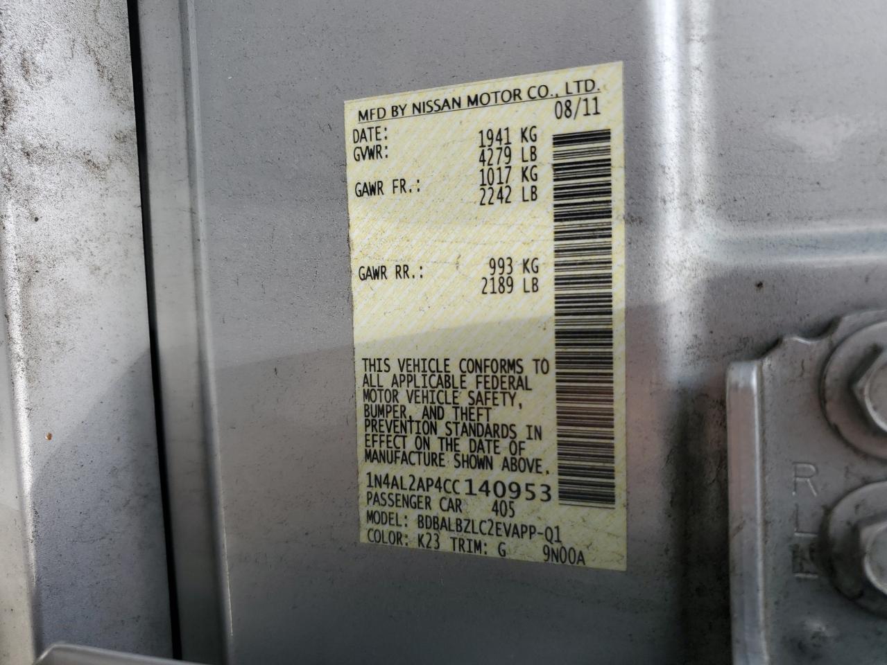 2012 Nissan Altima VIN 1N4AL2AP4CC140953 Copart auction photo, side / minor dent/scratches damage thumbnail 12