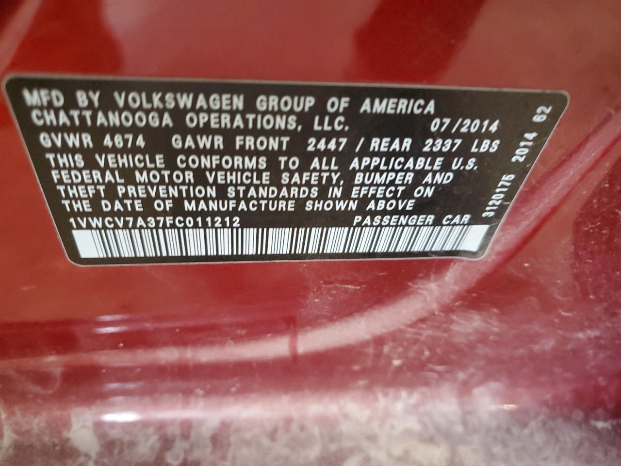 2015 Volkswagen Passat VIN 1VWCV7A37FC011212 Copart auction photo, side / hail damage thumbnail 12