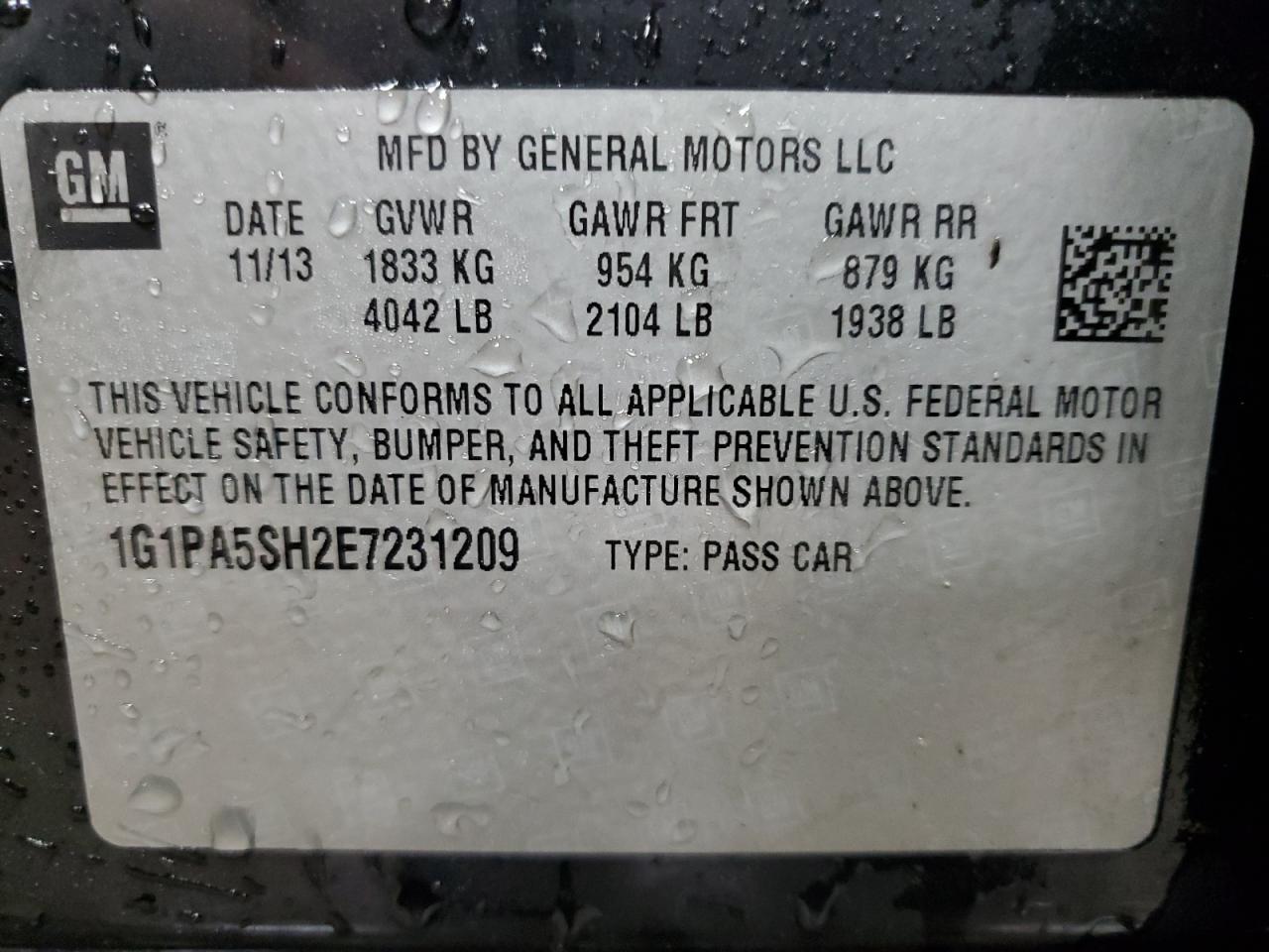2014 Chevrolet Cruze VIN 1G1PA5SH2E7231209 Copart auction photo, front end / minor dent/scratches damage thumbnail 13