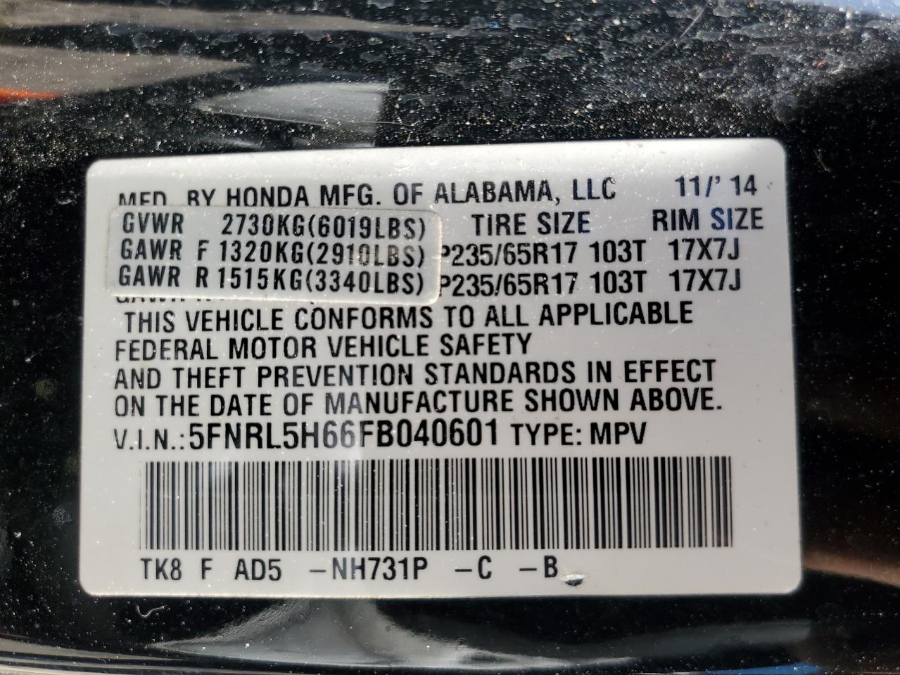 2015 Honda Odyssey VIN 5FNRL5H66FB040601 Copart auction photo, front end damage thumbnail 14