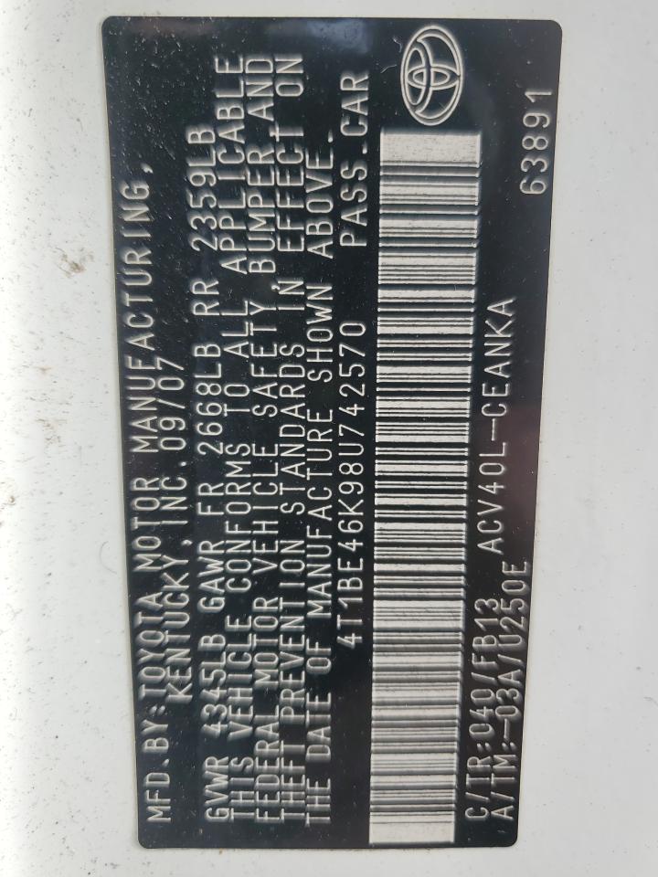 2008 Toyota Camry VIN 4T1BE46K98U742570 Copart auction photo, front end damage thumbnail 12