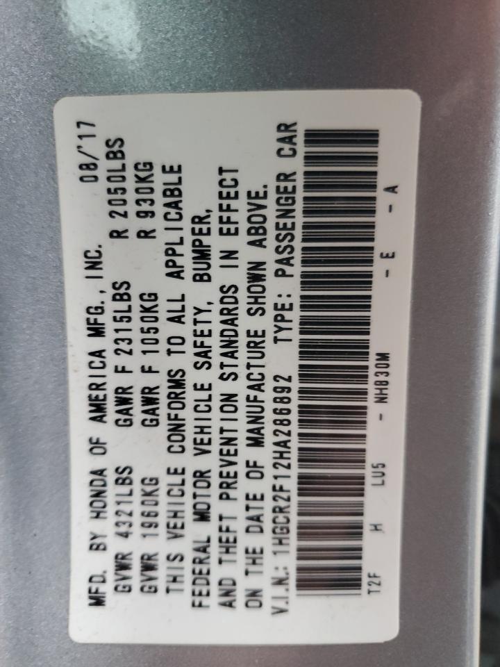 2017 Honda Accord VIN 1HGCR2F12HA286892 Copart auction photo, front end damage thumbnail 15