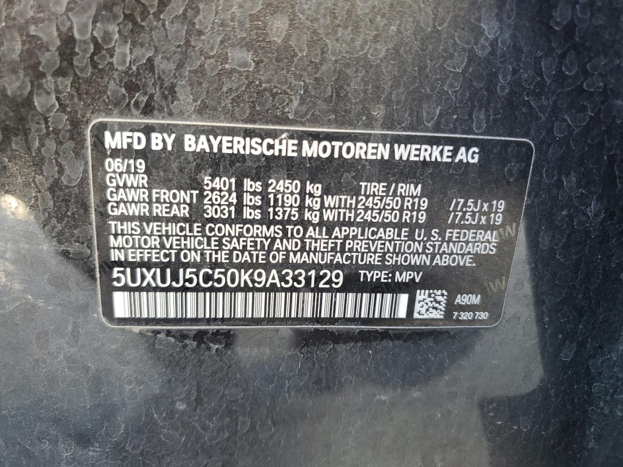 2019 BMW X4 VIN 5UXUJ5C50K9A33129 Copart auction photo, front end / side damage thumbnail 12